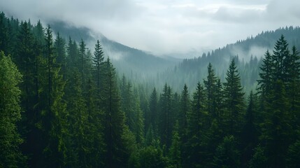 Obraz premium A dense forest of tall, green pine trees in the mountains