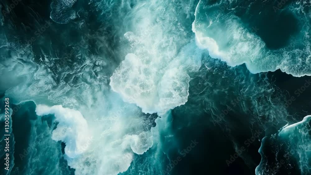 Poster waves crashing into the shore create mesmerizing patterns and contrast in deep blue ocean water at s