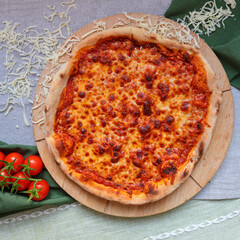 top view pizza Margarita, cheese, tomatoes, copy space, moc up