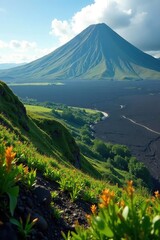 Fototapeta premium Volcanic landscape with lush greenery and unique wildlife, galapagos, endemic species, planet
