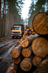 A logging site deep in the forest shows cut logs piled up, with a timber truck in the background. The scene highlights deforestation’s impact on nature and the environment.