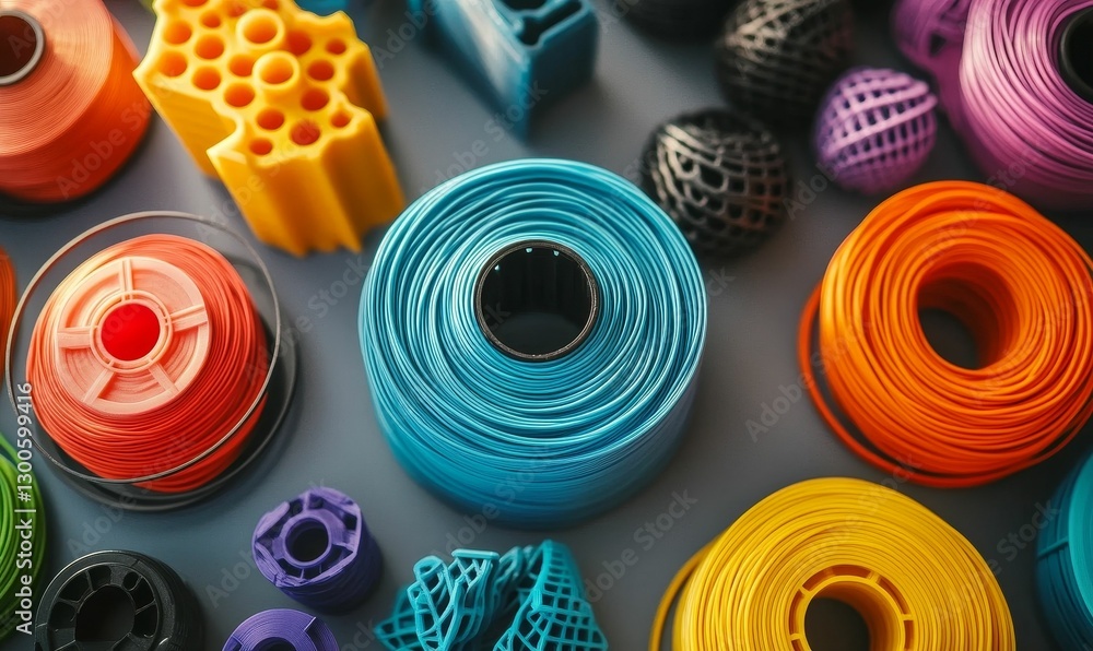 Poster colorful spools and shapes arranged on a flat surface.