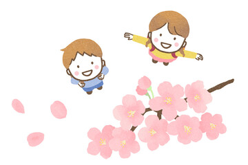 桜の花を見上げる子どもたち
