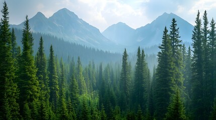 Fototapeta premium A dense forest of tall, green pine trees in the mountains