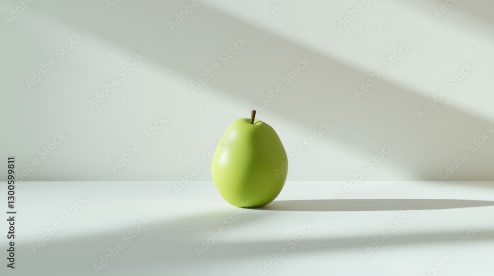 Poster a green pear sits on a table in front of a window