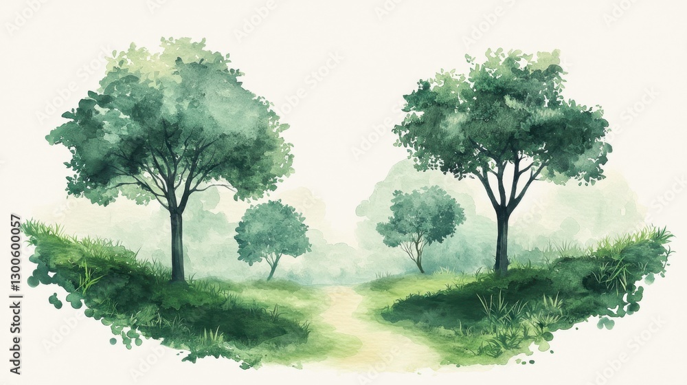 Poster a painting of a forest with two trees on either side of a path