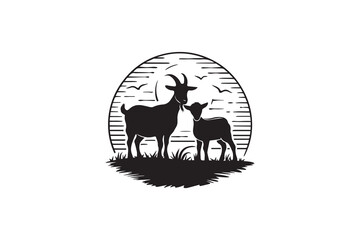 Goat and Lamb at Sunset Silhouette 
 vector