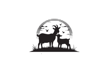Goat and Lamb at Sunset Silhouette 
 vector