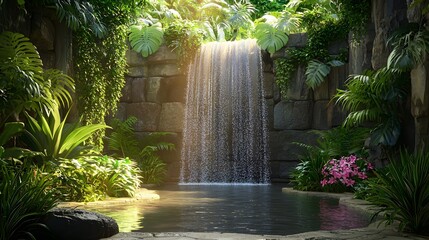 Waterfall cascading into tranquil pool lush jungle nature photography serene environment close-up view relaxation concept