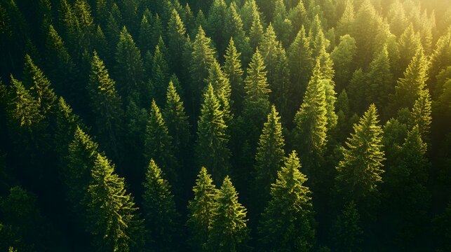 A dense forest of tall, green pine trees in the mountains - Powered by Adobe