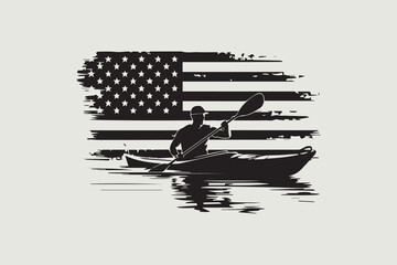 Patriotic Kayaker with American Flag 
 vector