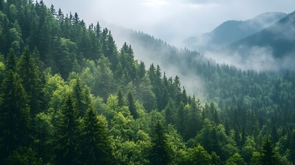 Obraz premium A dense forest of tall, green pine trees in the mountains