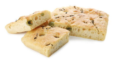 Pieces of delicious focaccia bread with olives and thyme isolated on white