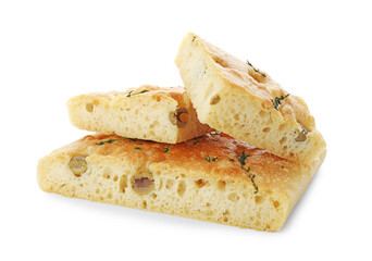 Pieces of delicious focaccia bread with olives and thyme isolated on white