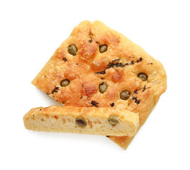 Pieces of delicious focaccia bread with olives and thyme isolated on white, top view
