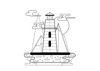 Lighthouse standing tall amidst abstract mountains and clouds at sunset on a calm ocean