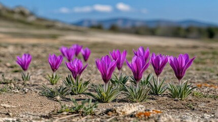 Obraz premium Purple crocuses bloom in mountain spring landscape