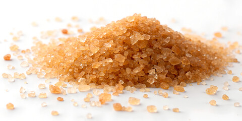 Large crystals of brown sugar scattered on a white surface. The crystals glisten under the light, creating a contrast between golden and amber tones.