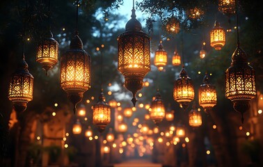 Obraz premium Dreamy Lanterns Hanging from Trees in a Serene Evening Glow