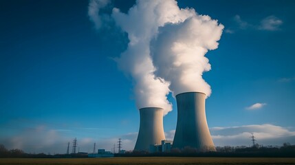 Nuclear power plant with white smoke coming out of the  towers against a blue sky
