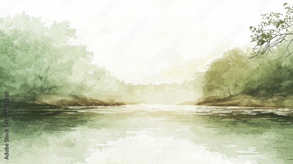 Poster a painting of a river with trees on either side