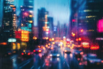 Fototapeta premium a nighttime city skyline adorned with rainsoaked windows illuminated by vibrant neon lights creating a captivating blur of colors and reflections in a dreamy urban setting