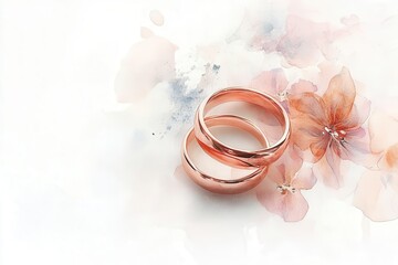 a pair of delicate rose gold wedding bands intertwined with watercolor florals in soft pastels floating on a misty white background