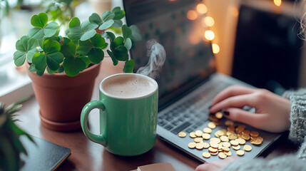 A cheerful and festive workspace with a woman’s hands on a laptop, a steaming drink in a green mug, a potted shamrock plant, and golden chocolate coins sprinkled on the desk 