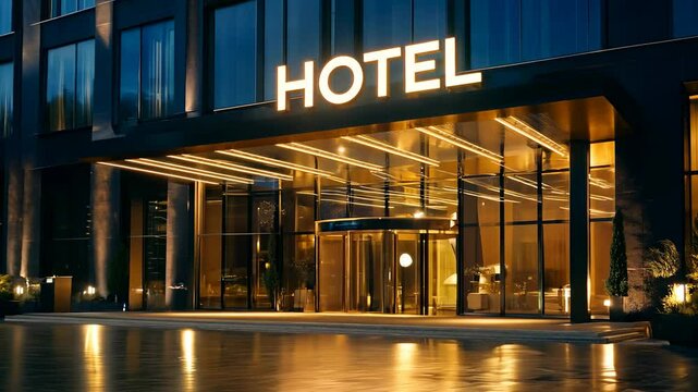 Luxury hotel entrance with illuminated signage and modern glass facade at night