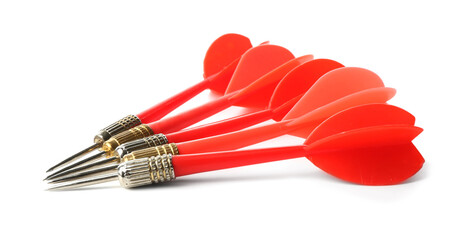 Red dart arrows isolated on white. Sports equipment