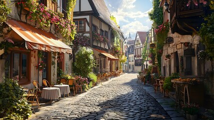 Fototapeta premium Charming cobblestone street scene quaint village visual art morning light serene atmosphere timeless beauty