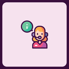Customer support agent icon, information, help, assistance, service, hotline, operator, call center, communication, headset, female, portrait, vector illustration, flat design