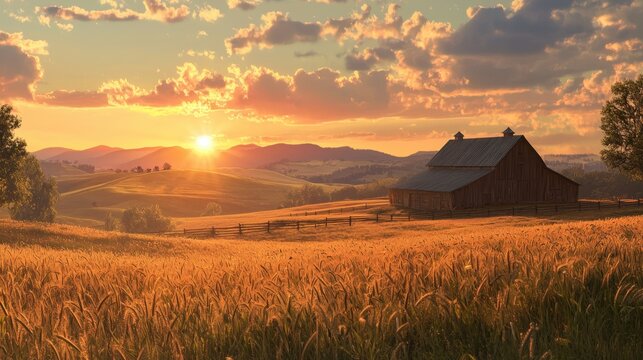 A sunset over a field with a barn in the distance