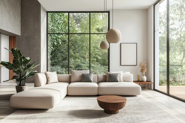 Fototapeta premium a stylish and modern living room with a comfortable sectional sofa. Large windows offer a beautiful view of the outside greenery