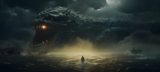 Obraz premium a Lake and a monster in rain Storm