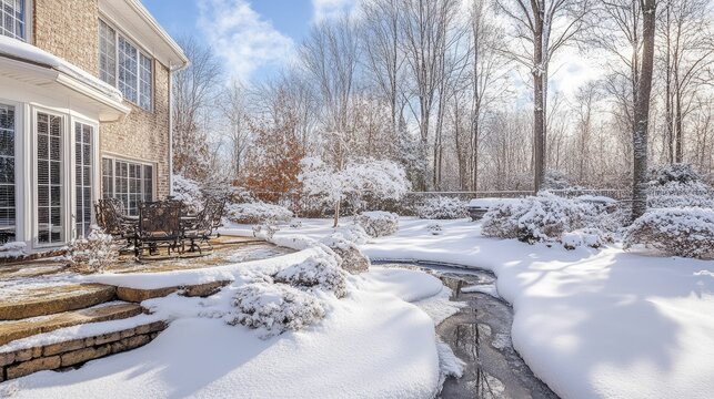 Winter wonderland house with snow covered backyard and garden.