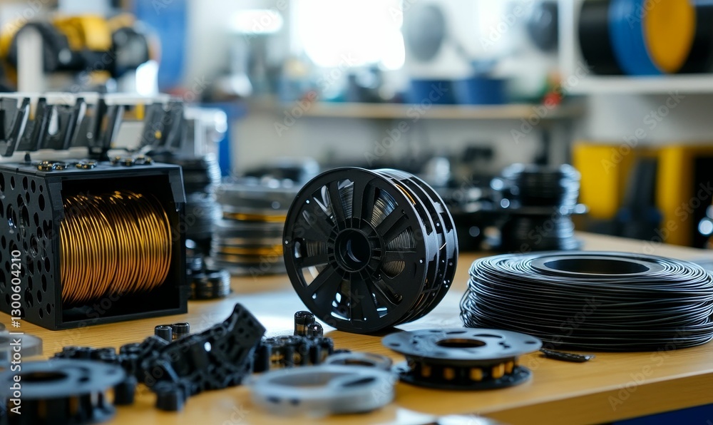Poster assorted spools and materials present a 3d printing studio.