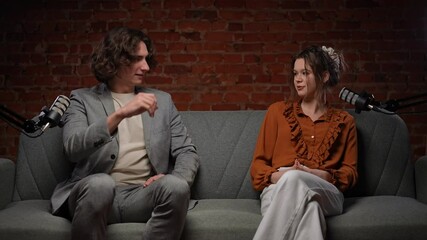 Engaging Conversation Between Influencers in a Creative Podcast Studio Setting