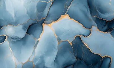 Abstract blue and black marble background with golden lines, liquid art, watercolor, blue and gold abstract painting