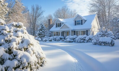 Winter wonderland house covered in fresh snow and beauty.