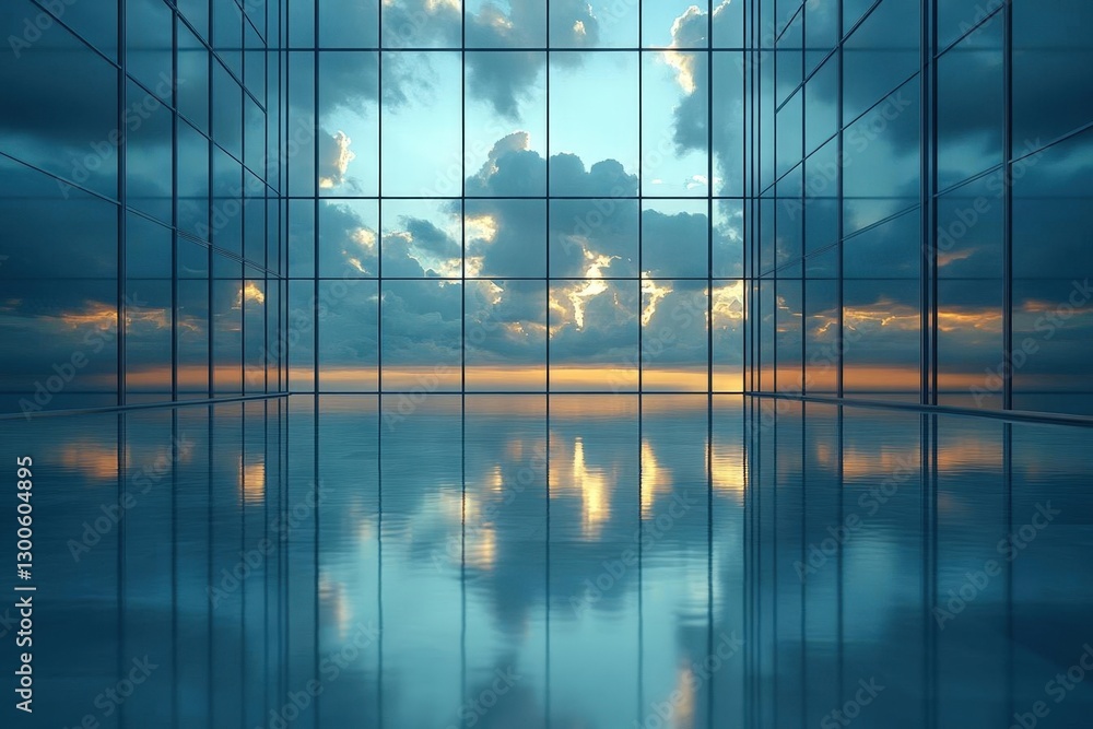 Poster empty modern architecture interior with large windows and sunset reflection