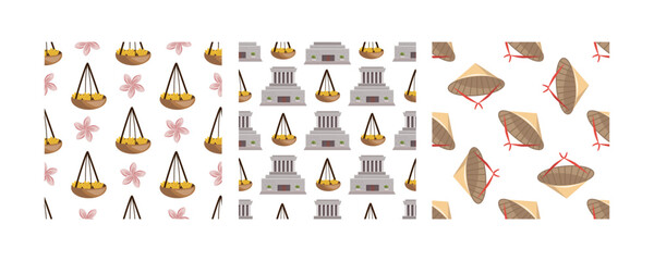 Set of seamless patterns with Vietnamese symbols, conical hats, lotus flowers, and baskets in flat style