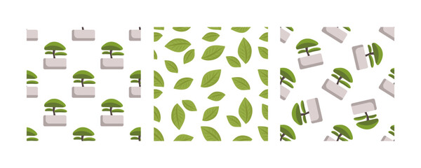 Set of seamless patterns with bonsai trees and green leaves in flat style on white background