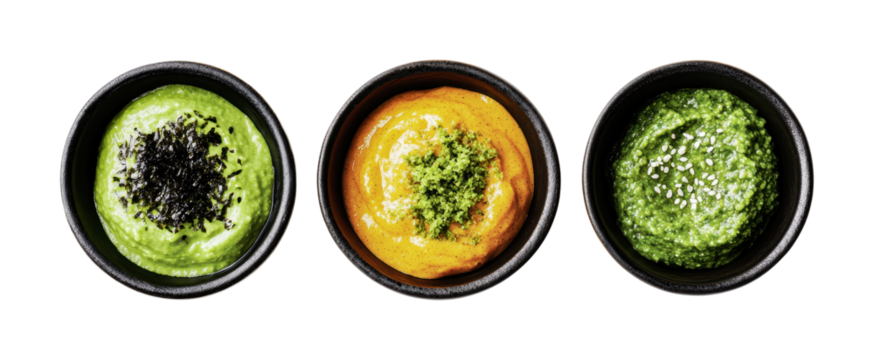 Colorful assortment of three distinct dips in small black bowls for entertaining and culinary enjoyment, cut out