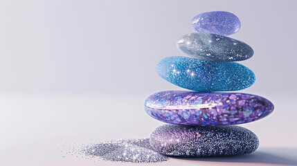 A surreal image of a stack of blue, purple, and silver rocks floating in midair, symbolizing balance and harmony.