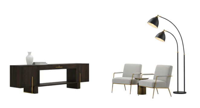 Modern office setup with dark wood desk, two armchairs with gold accents, and arched floor lamp. Contemporary furniture and home office isolated cut-out.