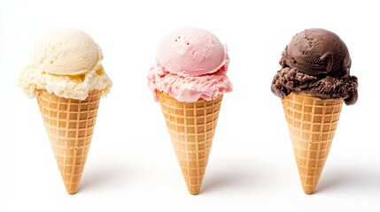 Photograph of three ice cream cones with different colors and flavors