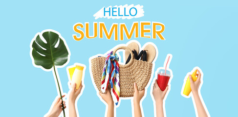 Female hands with cocktail, sunscreen cream, flip-flops, monstera leaf and bag on blue background....