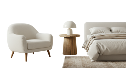 Modern bedroom interior with upholstered armchair, wooden nightstand, table lamp, and cozy bed with linens. Minimalist home furniture and decor. isolated cut-out.