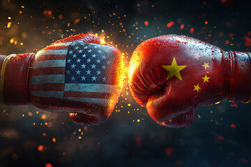 Usa and china boxing gloves colliding, symbolizing international conflict